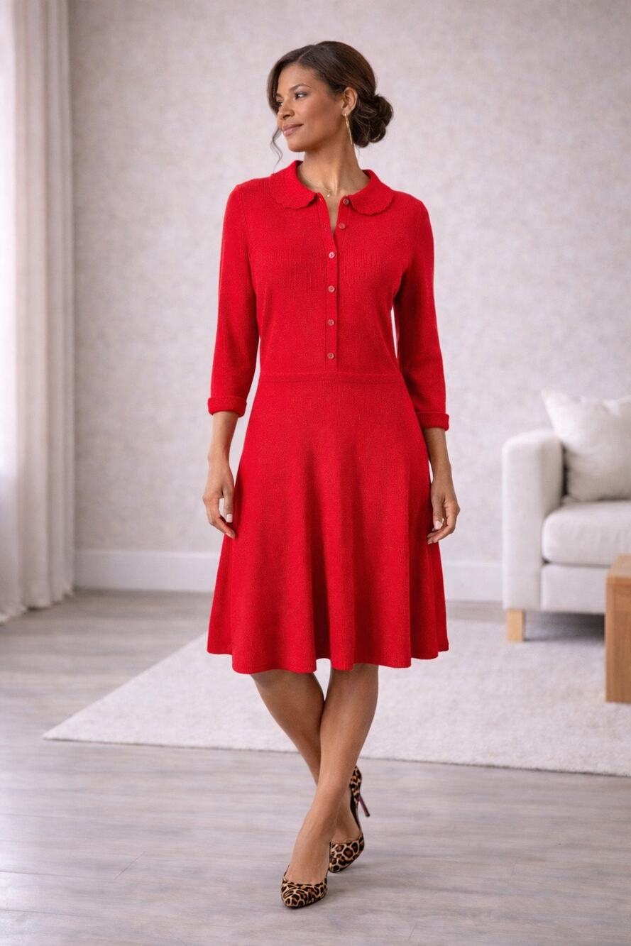 Talbots Petite Small Red Ruffle Collar Fit Flare Sweater Dress 3/4 Sleeve Office